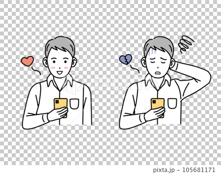 スマートフォンを見てデレる、落ち込む若い男性 スマートフォンを見てデレる、落ち込む若い男性 105681171