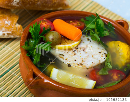 Recipe of fisher soup from merluccius Recipe of fisher soup from merluccius 105682128