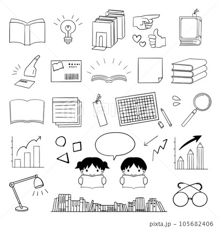 読書する子供達と図書館や本にまつわる手描きイラスト 105682406