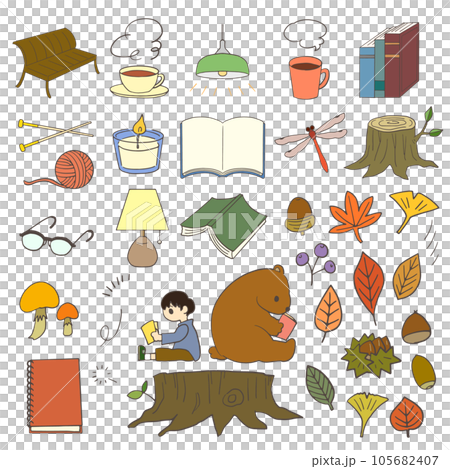 秋の季節にまつわる手描きイラストセット 105682407