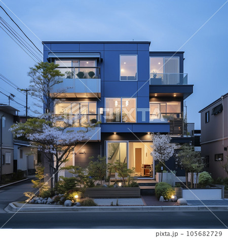 新築の家が立ち並ぶ日本の住宅地やニュータウンの夕景「AI生成画像」 105682729