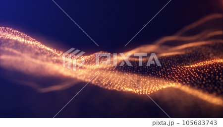 Abstract yellow orange energy waves from futuristic hi-tech particles glowing background 105683743