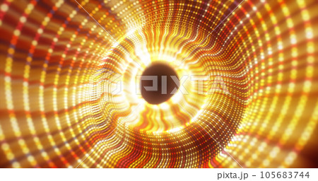 Abstract yellow energy tunnel made of particles and a grid of high-tech lines with a glowing background effect 105683744