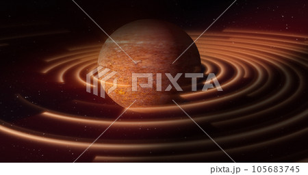 Abstract yellow brown space planet with a round asteroid belt ring  futuristic hi-tech on the background of stars in open space 105683745
