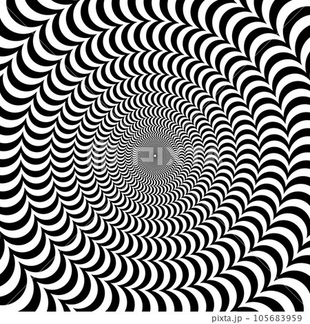 Radial optical illusion background. Black and white abstract semi circles surface. Poster, banner, template design design. Spinning and rotating arc illusion wallpaper. Vector op art illustration 105683959