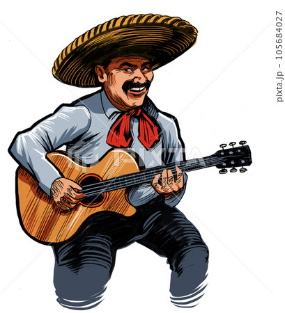 Mexican musician playing guitar. Hand-drawn ink on paper and hand colored on tablet Mexican musician playing guitar. Hand-drawn ink on paper and hand colored on tablet 105684027