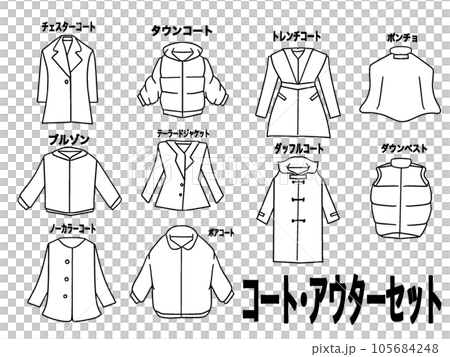 Clothes icon set that can be used for apparel and clothing. Illustrations of outerwear, coats, etc. 105684248