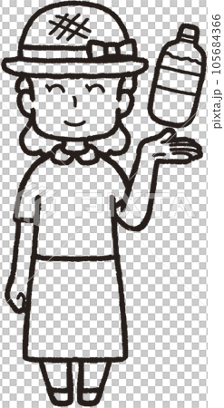 左手にペットボトルの水を掲げ、麦わら帽子をかぶって正面を向いて笑っている女性の全身線画イラスト 105684366