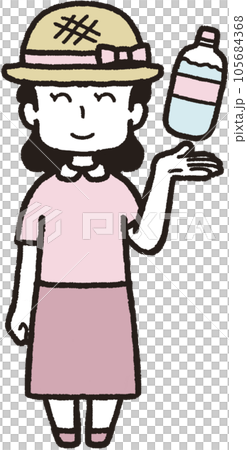左手にペットボトルの水を掲げ、麦わら帽子をかぶって正面を向いて笑っている女性の全身イラスト 105684368