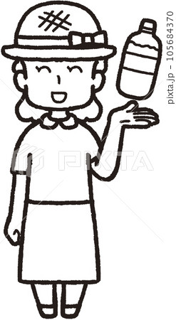 左手にペットボトルの水を掲げ、麦わら帽子をかぶって正面を向いて笑っている女性の全身線画イラスト 左手にペットボトルの水を掲げ、麦わら帽子をかぶって正面を向いて笑っている女性の全身線画イラスト 105684370