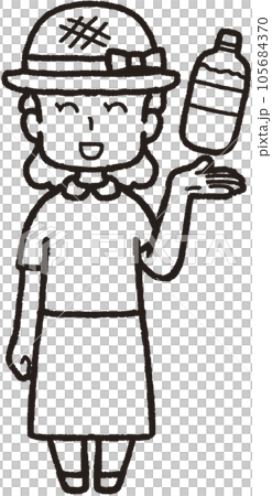 左手にペットボトルの水を掲げ、麦わら帽子をかぶって正面を向いて笑っている女性の全身線画イラスト 左手にペットボトルの水を掲げ、麦わら帽子をかぶって正面を向いて笑っている女性の全身線画イラスト 105684370