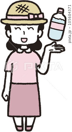左手にペットボトルの水を掲げ、麦わら帽子をかぶって正面を向いて笑っている女性の全身イラスト 左手にペットボトルの水を掲げ、麦わら帽子をかぶって正面を向いて笑っている女性の全身イラスト 105684371