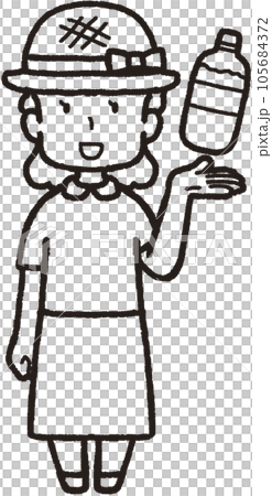 全身線畫插圖:一名婦女左手拿著塑料瓶水,戴著草帽,面帶微笑 全身線畫插圖:一名婦女左手拿著塑料瓶水,戴著草帽,面帶微笑 105684372