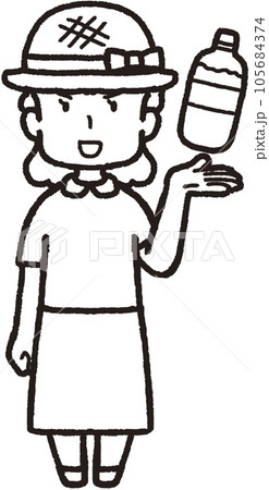 左手にペットボトルの水を掲げ、麦わら帽子をかぶって正面を向いてアピールしている女性の全身線画イラスト 左手にペットボトルの水を掲げ、麦わら帽子をかぶって正面を向いてアピールしている女性の全身線画イラスト 105684374