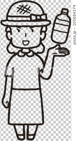 左手にペットボトルの水を掲げ、麦わら帽子をかぶって正面を向いてアピールしている女性の全身線画イラスト 左手にペットボトルの水を掲げ、麦わら帽子をかぶって正面を向いてアピールしている女性の全身線画イラスト 105684374