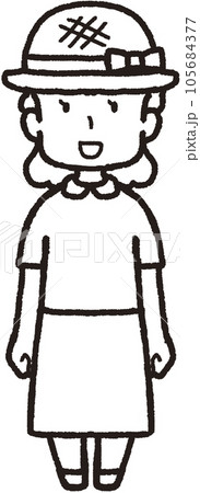 麦わら帽子をかぶって正面を向いて笑っている女性の全身線画イラスト 麦わら帽子をかぶって正面を向いて笑っている女性の全身線画イラスト 105684377
