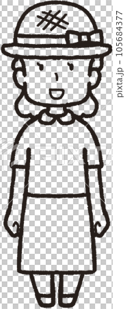 麦わら帽子をかぶって正面を向いて笑っている女性の全身線画イラスト 麦わら帽子をかぶって正面を向いて笑っている女性の全身線画イラスト 105684377