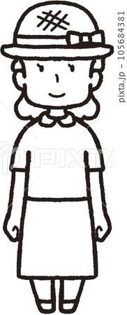 麦わら帽子をかぶって正面を向いて笑っている女性の全身線画イラスト 105684381