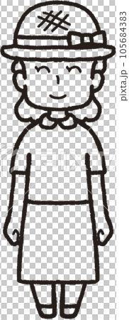 麦わら帽子をかぶって正面を向いて笑っている女性の全身線画イラスト 105684383