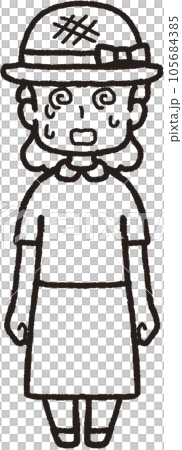 麦わら帽子をかぶって正面を向いて汗をたくさんかいている目を回している女性の全身線画イラスト 105684385