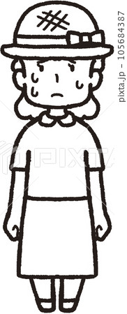 麦わら帽子をかぶって正面を向いて汗をたくさんかいている女性の全身線画イラスト 105684387