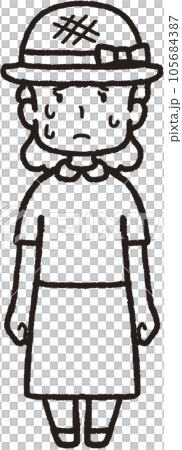 麦わら帽子をかぶって正面を向いて汗をたくさんかいている女性の全身線画イラスト 105684387