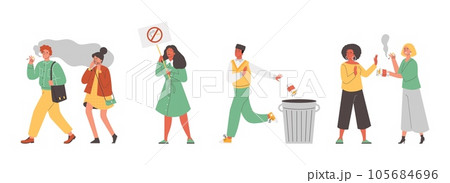 People refuse cigarettes and encourage others to quit smoking, vector isolated. People refuse cigarettes and encourage others to quit smoking, vector isolated. 105684696