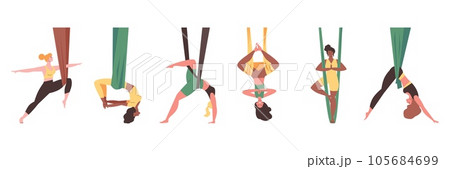 Women practice flying or anti-gravity yoga, flat vector illustration isolated. Women practice flying or anti-gravity yoga, flat vector illustration isolated. 105684699