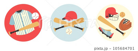 Set of baseball emblems or badges with sport equipment, flat vector isolated. Set of baseball emblems or badges with sport equipment, flat vector isolated. 105684701