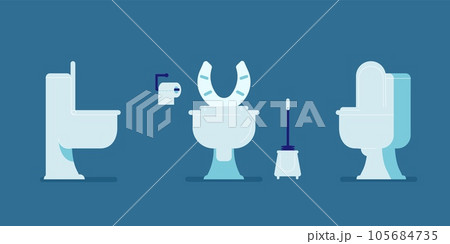 Set of flush toilet bowls from different views, flat vector illustration isolated on blue background. Set of flush toilet bowls from different views, flat vector illustration isolated on blue background. 105684735