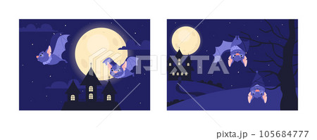NIght scenery with funny bats at old castle background flat vector illustration. 105684777