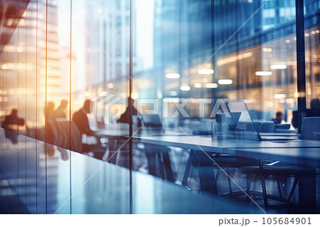 Blurred Office interior room background with modern design in working hours, indoor building of workplace of workspace, panoramic view through glass windows, with Generative Ai. 105684901