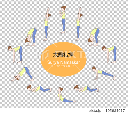 ヨガ、太陽礼拝のポーズをする女性のセット 105685017