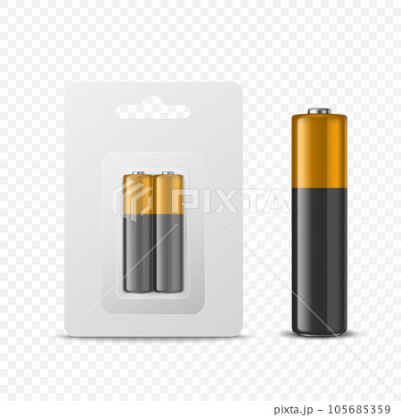 Vector 3d Realistic Two Alkaline Battery in Paper Blister and Battery Icon Set Closeup Isolated. AA Size, Vertical Position. Design Template for Branding, Mockup Vector 3d Realistic Two Alkaline Battery in Paper Blister and Battery Icon Set Closeup Isolated. AA Size, Vertical Position. Design Template for Branding, Mockup 105685359