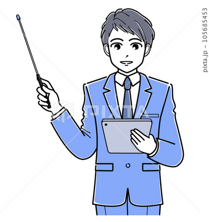 タブレットを持ちながら指示棒で説明するスーツの若い男性（上半身・シンプル） 105685453