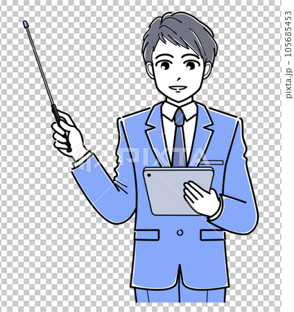 タブレットを持ちながら指示棒で説明するスーツの若い男性（上半身・シンプル） 105685453