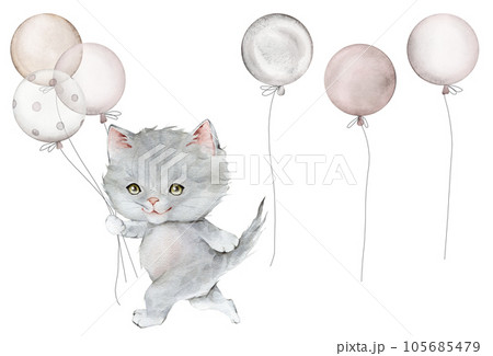 Set with little fluffy gray kitten and balloon. Watercolor hand drawn. Scottish fold isolated on white background. Spotted cat. Pet cartoon for kids, posters, stickers, textile. 105685479