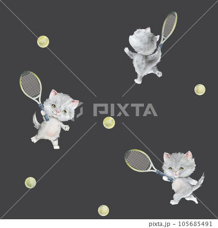 Seamless pattern of little fluffy gray kitten and tennis racket, ball. Watercolor hand drawn. Scottish fold on light background. Spotted cat. Pet cartoon for kids, posters, textile. 105685491