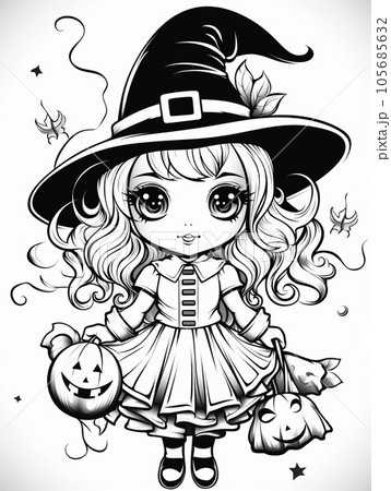 ハロウィンの可愛い魔女とかぼちゃの魔法の塗り絵　AI画像 105685632