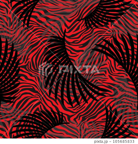 Tropical palm leaves jungle on tiger fur seamless vector pattern background 105685833