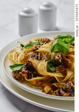 Closeup view of mushroom pasta with champignon 105685975