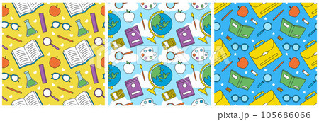 Set of Happy Teacher Seamless Pattern Design Educational Style Elements in Template Hand Drawn Cartoon Flat Illustration 105686066