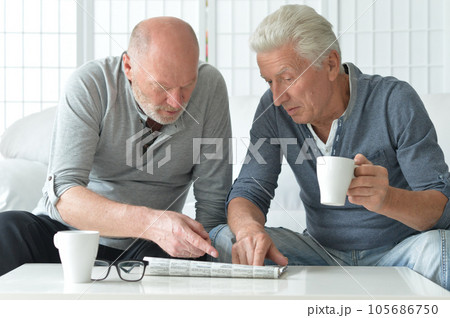Two old men sitting at table and discussing news 105686750