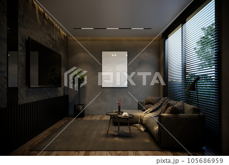 Minimal living room animation with black tones. 3D illustration rendering 105686959