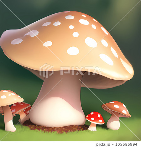 森の中に大小様々な大きさのキノコが生えているイラスト 105686994