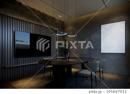 Minimal dining room interior with black tones. 3D illustration rendering 105687052