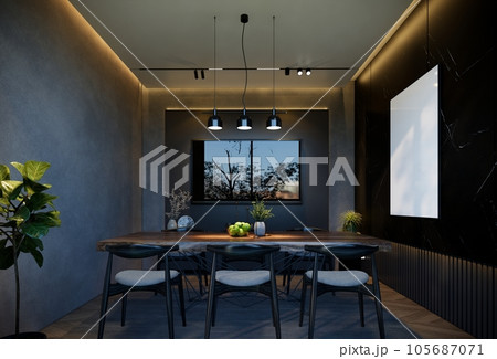 Minimal dining room interior with black tones. 3D illustration rendering 105687071
