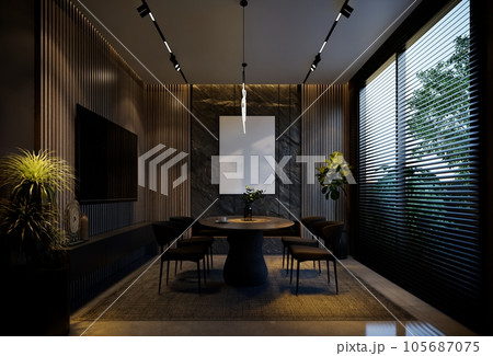 Minimal dining room interior with black tones. 3D illustration rendering Minimal dining room interior with black tones. 3D illustration rendering 105687075