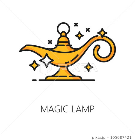 Magic lamp, witchcraft and magic icon. Vector linear enchanting and mystical Aladdin lantern holds untold power and grants wishes. Symbol of possibility and wonder, extraordinary and transformations Magic lamp, witchcraft and magic icon. Vector linear enchanting and mystical Aladdin lantern holds untold power and grants wishes. Symbol of possibility and wonder, extraordinary and transformations 105687421