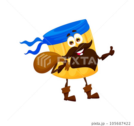 Cartoon ditalini italian pasta pirate or corsair character with a money sack. Isolated vector bearded noodle, swashbuckling culinary adventurer personage, carrying a treasure-filled bag with loot gold Cartoon ditalini italian pasta pirate or corsair character with a money sack. Isolated vector bearded noodle, swashbuckling culinary adventurer personage, carrying a treasure-filled bag with loot gold 105687422